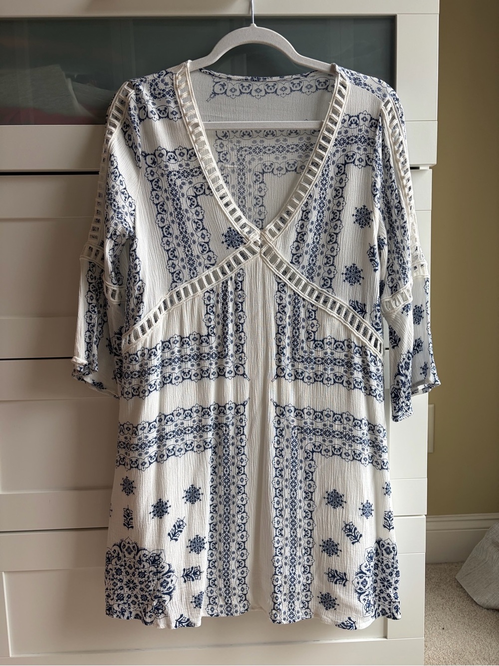 Bohemian V-Neck White and Navy Printed Women’s Dress